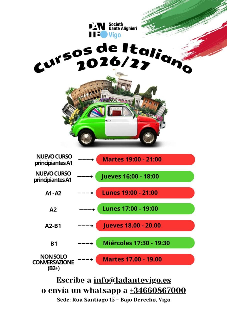 Cartel de los cursos de italiano 2026/27 con todos los horarios